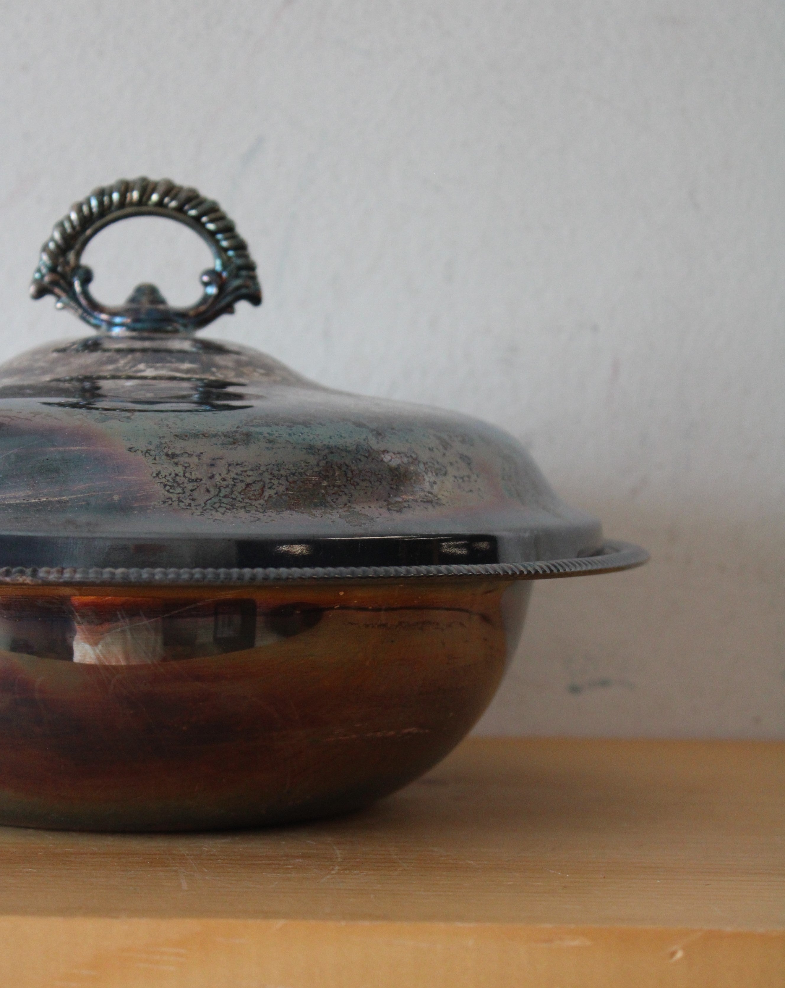 Vintage Silver Covered Warming Dish & Clear Glass Pyrex Baking Dish