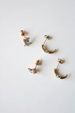 Gold Half Hoop & Blue Topaz Stud Earring Pair