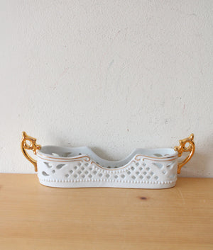 Porcelain Treasures White Lace Cut Out Gold Handled Flatware Holder