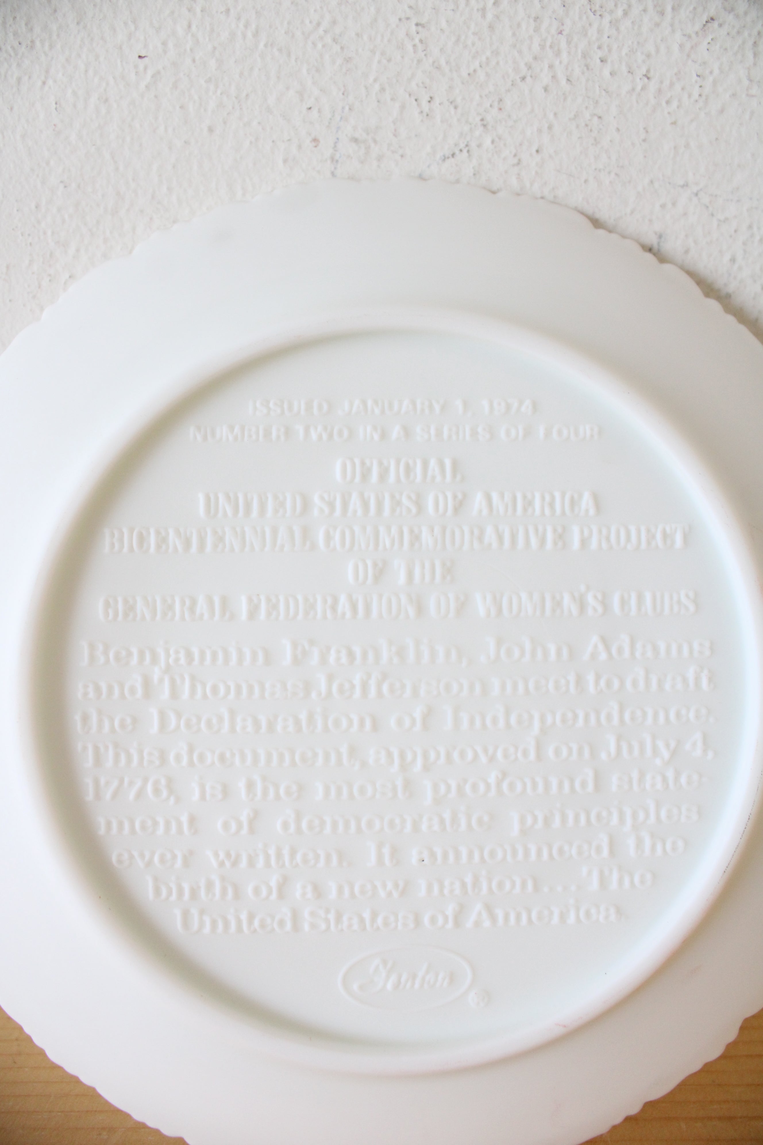 Fenton USA Bicentennial Project Of The General Federation Of Women's Clubs Colonial Milk Glass White "In God We Trust" Decorative Plate