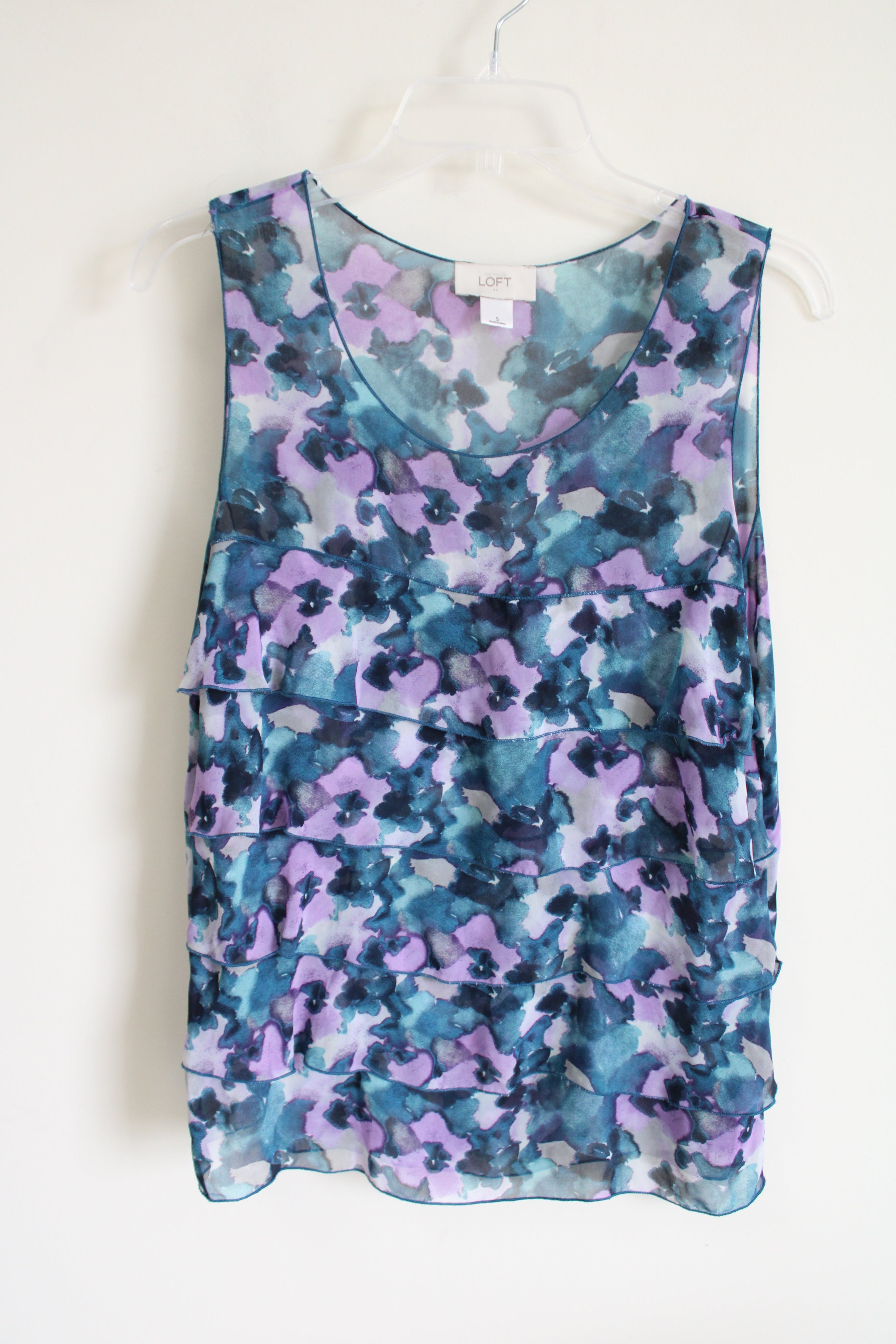 LOFT Blue Floral Ruffle Top | S