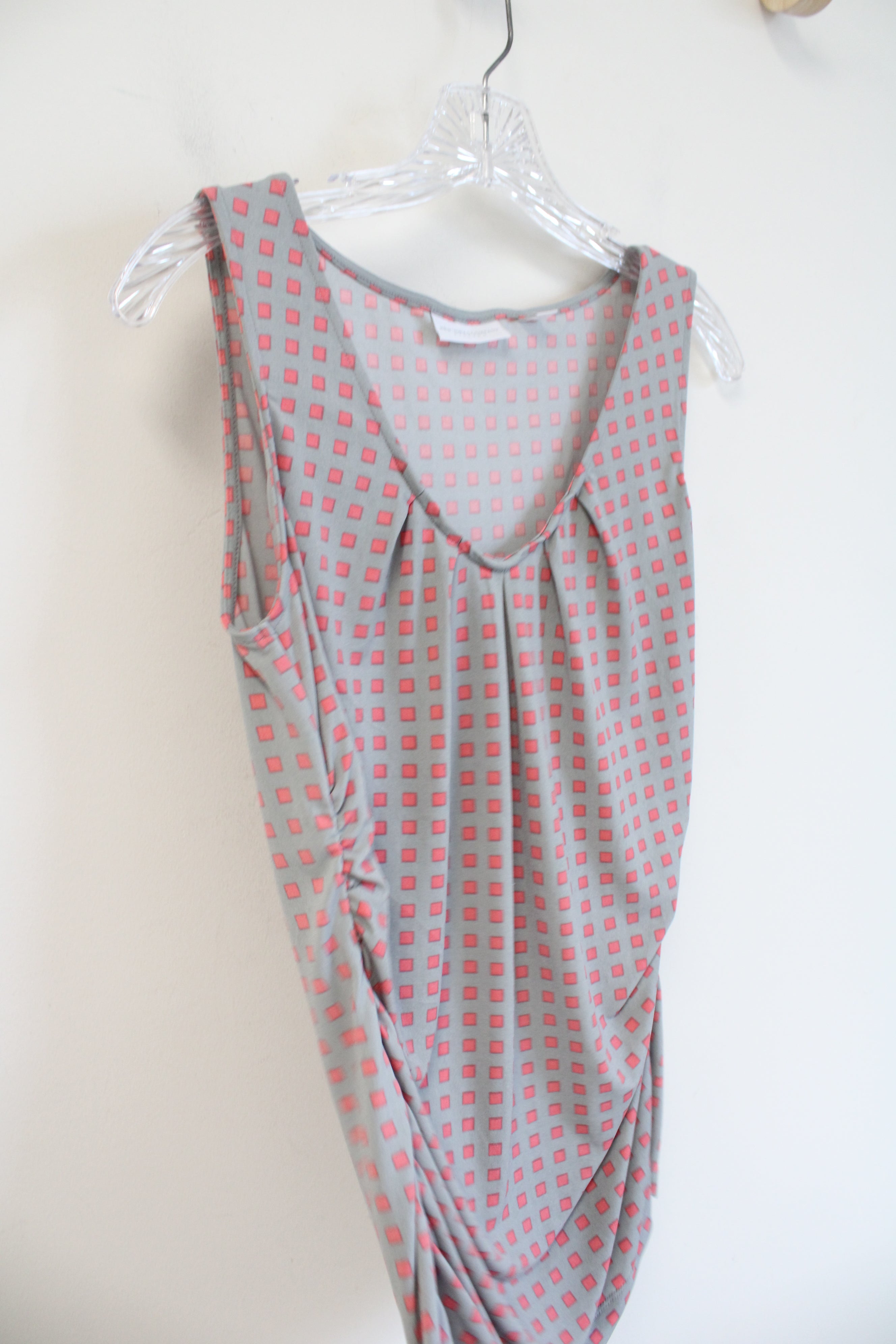 New York & Company Stretch Gray Pink Square Patterned Ruched Tank Top | S