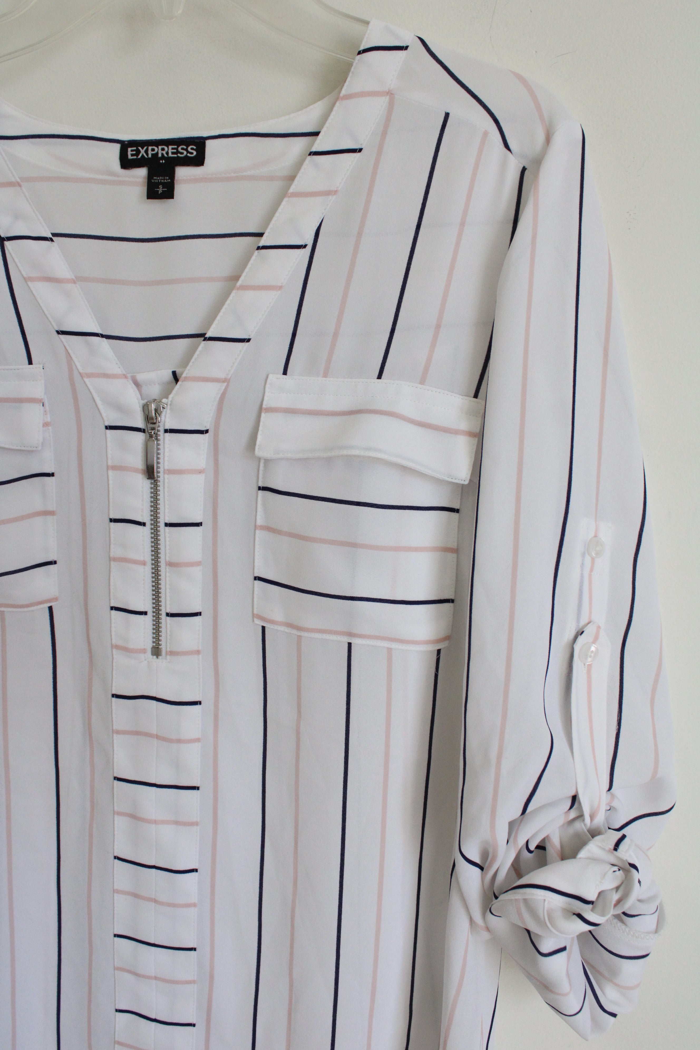 Express White Striped Quarter Zip Top | S Petite