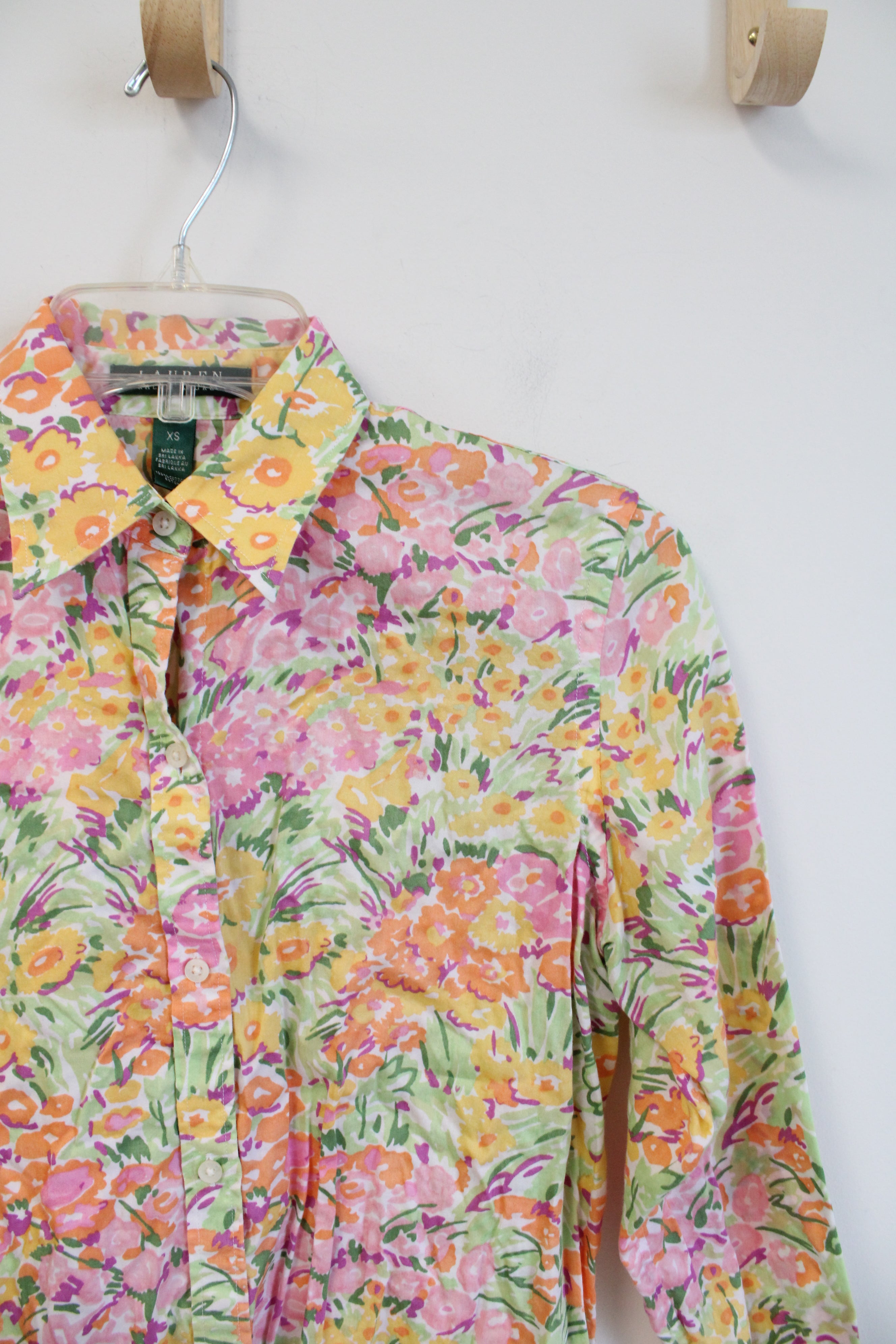 Ralph Lauren Pink Orange & Green Floral Button Down Top | XS