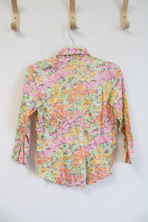 Ralph Lauren Pink Orange & Green Floral Button Down Top | XS