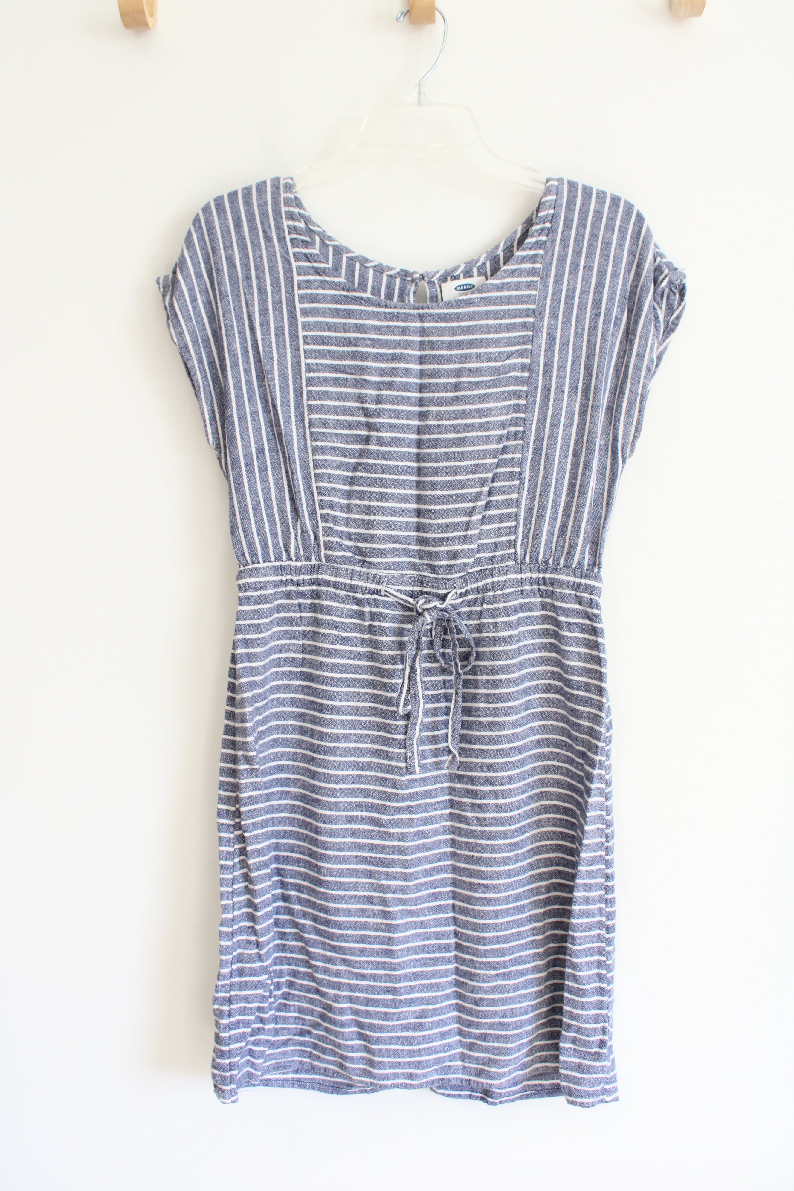 Old Navy Blue & White Striped Tied Linen Blend Dress | S Petite