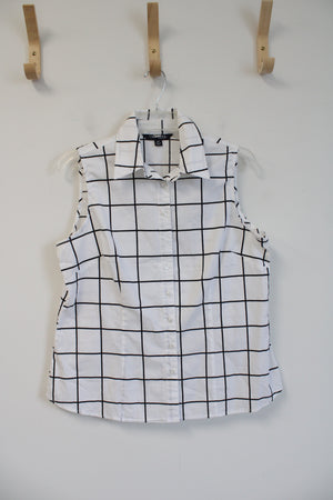 Chadwicks Black & White Plaid Button Down Collared Sleeveless Top | 14 Petite