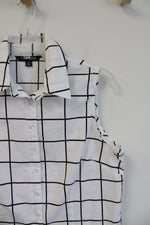 Chadwicks Black & White Plaid Button Down Collared Sleeveless Top | 14 Petite