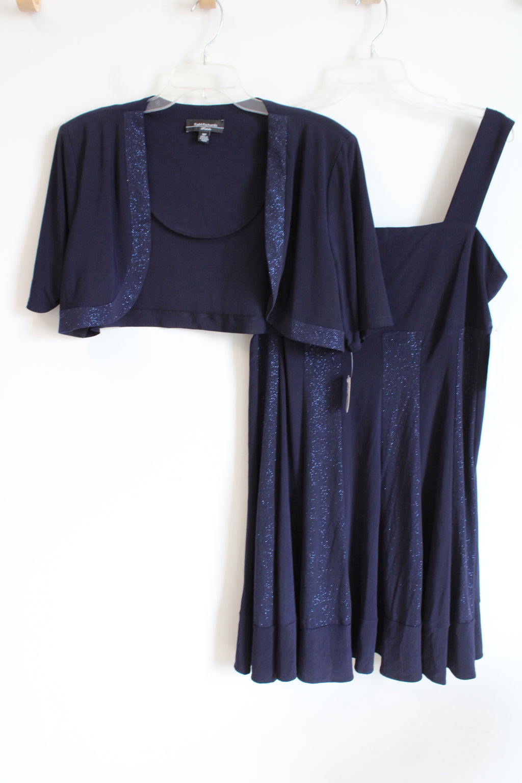 NEW R&M Richards Dark Midnight Blue Shimmer Dress & Shrug Set | 16 Petite