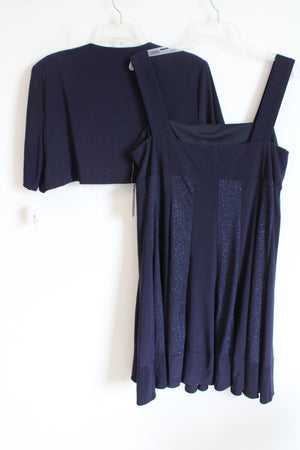 NEW R&M Richards Dark Midnight Blue Shimmer Dress & Shrug Set | 16 Petite