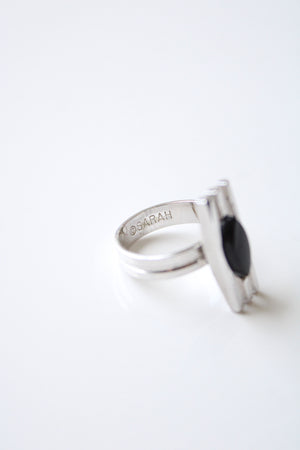 Sarah Coventry Black Onyx Stone Silver Ring | Adjustable Size