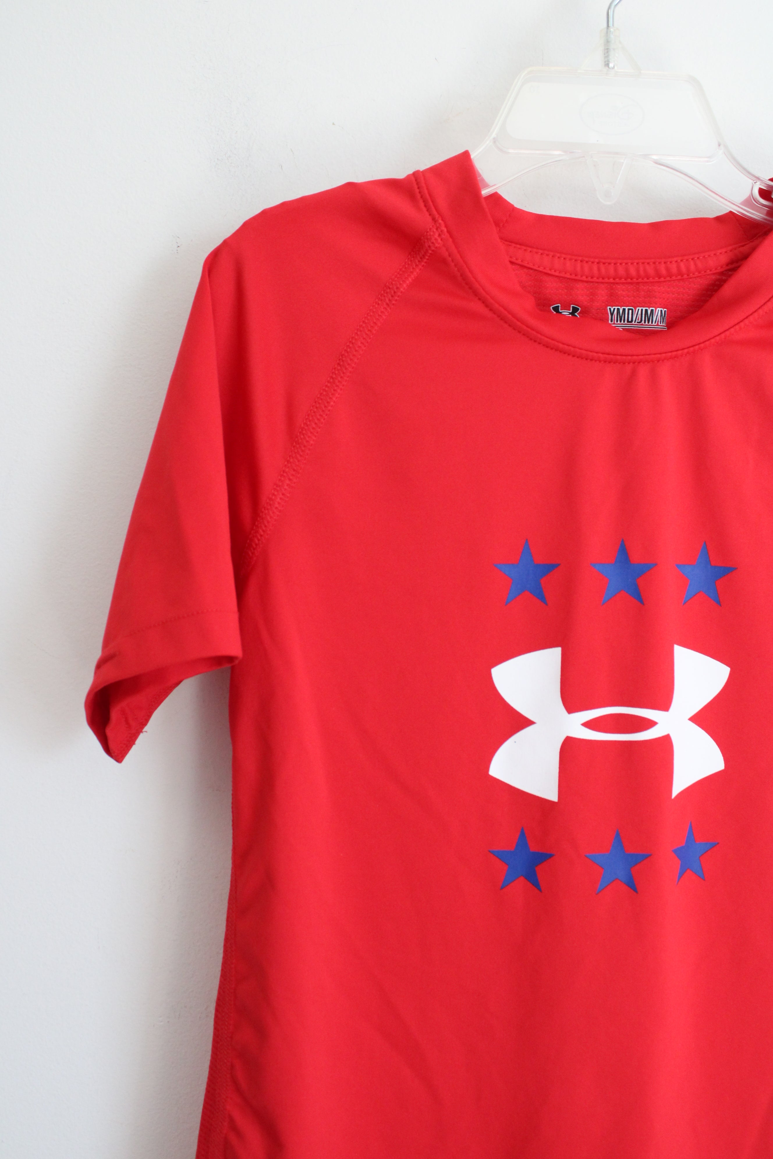 Under Armour Red Blue Star Mesh Back Fitted Athletic Shirt | Youth M (10/12)