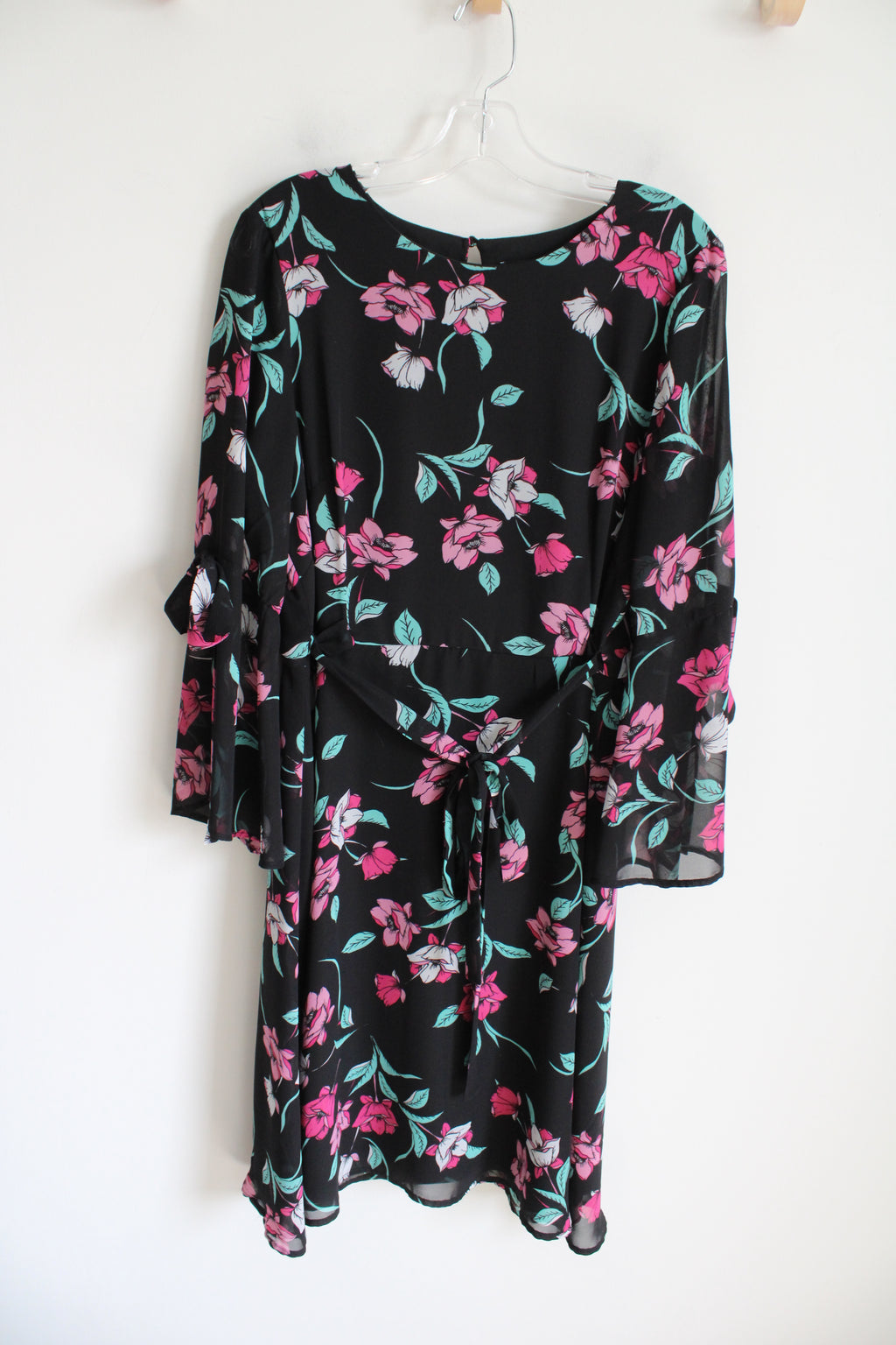 Nine West Black Pink Floral Chiffon Belted Dress | 10