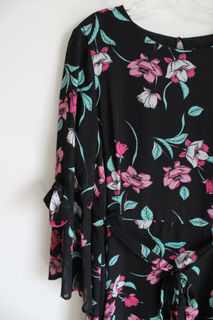 Nine West Black Pink Floral Chiffon Belted Dress | 10