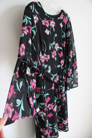 Nine West Black Pink Floral Chiffon Belted Dress | 10