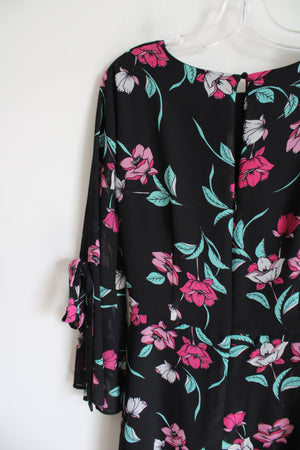 Nine West Black Pink Floral Chiffon Belted Dress | 10