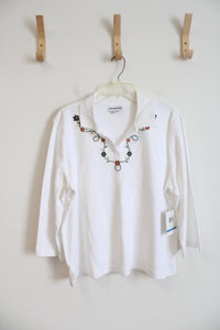 NEW Breckenridge Embroidered Collared White Long Sleeved Top | XL