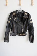 Philipp Plein Black Sheepskin Leather Gold Studded Moto Jacket | S