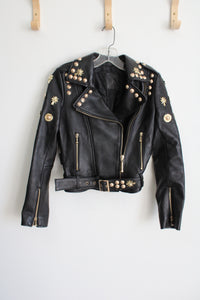 Philipp Plein Black Sheepskin Leather Gold Studded Moto Jacket | S