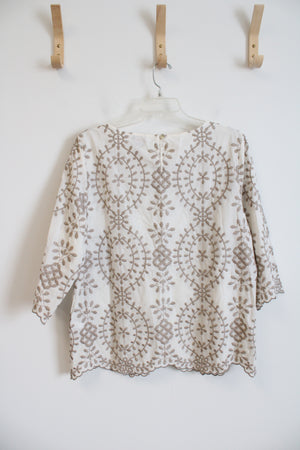 Chico's Cream & Tan Stitched Top | 2 (L)