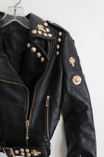 Philipp Plein Black Sheepskin Leather Gold Studded Moto Jacket | S