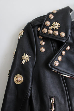 Philipp Plein Black Sheepskin Leather Gold Studded Moto Jacket | S