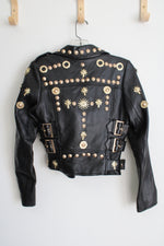 Philipp Plein Black Sheepskin Leather Gold Studded Moto Jacket | S