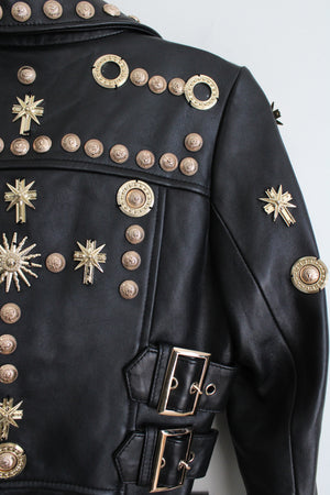 Philipp Plein Black Sheepskin Leather Gold Studded Moto Jacket | S