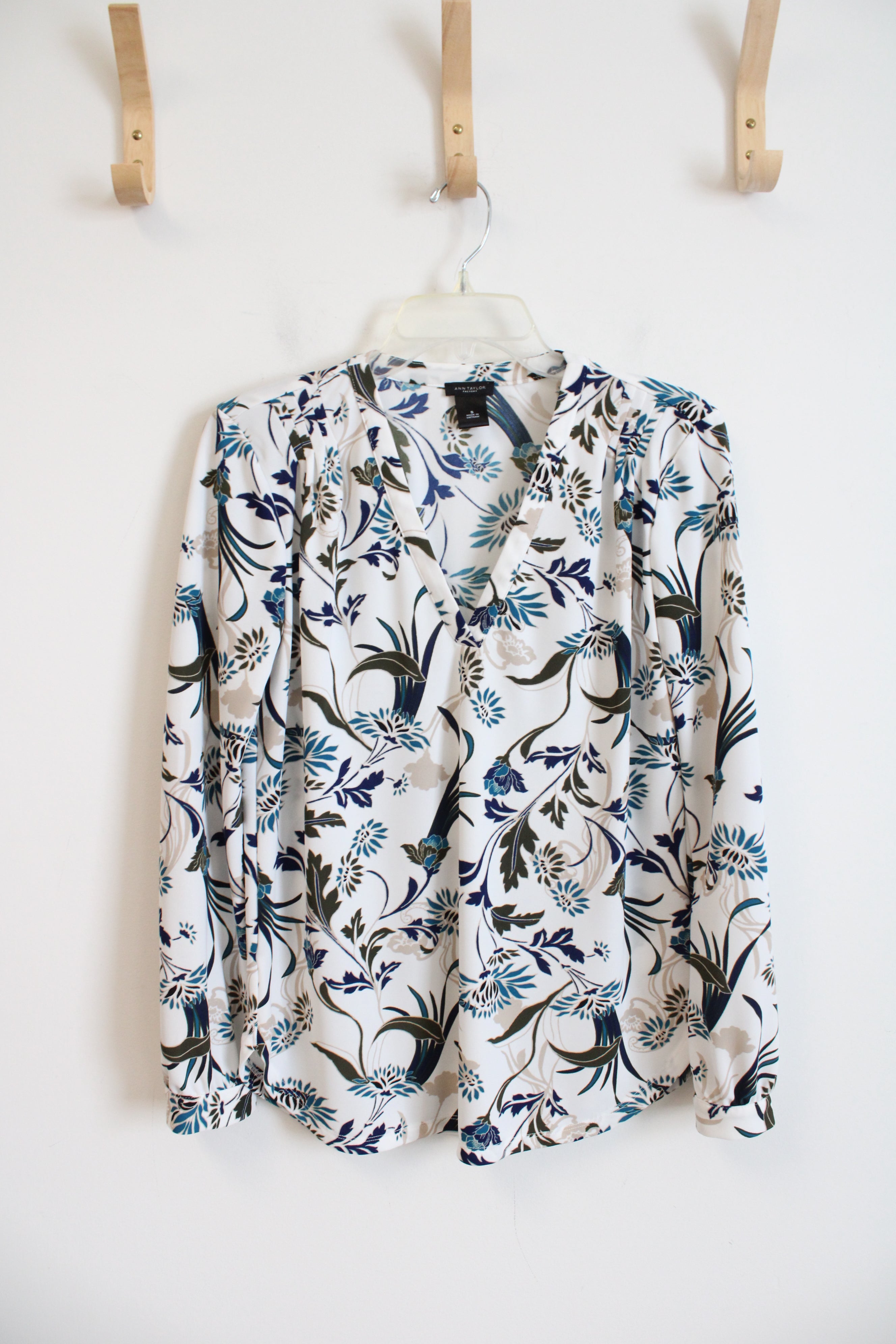 Ann Taylor Blue Green & Tan Floral White Long Sleeved Top | S