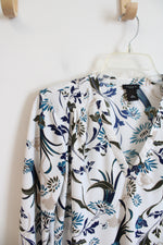 Ann Taylor Blue Green & Tan Floral White Long Sleeved Top | S