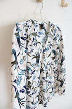 Ann Taylor Blue Green & Tan Floral White Long Sleeved Top | S