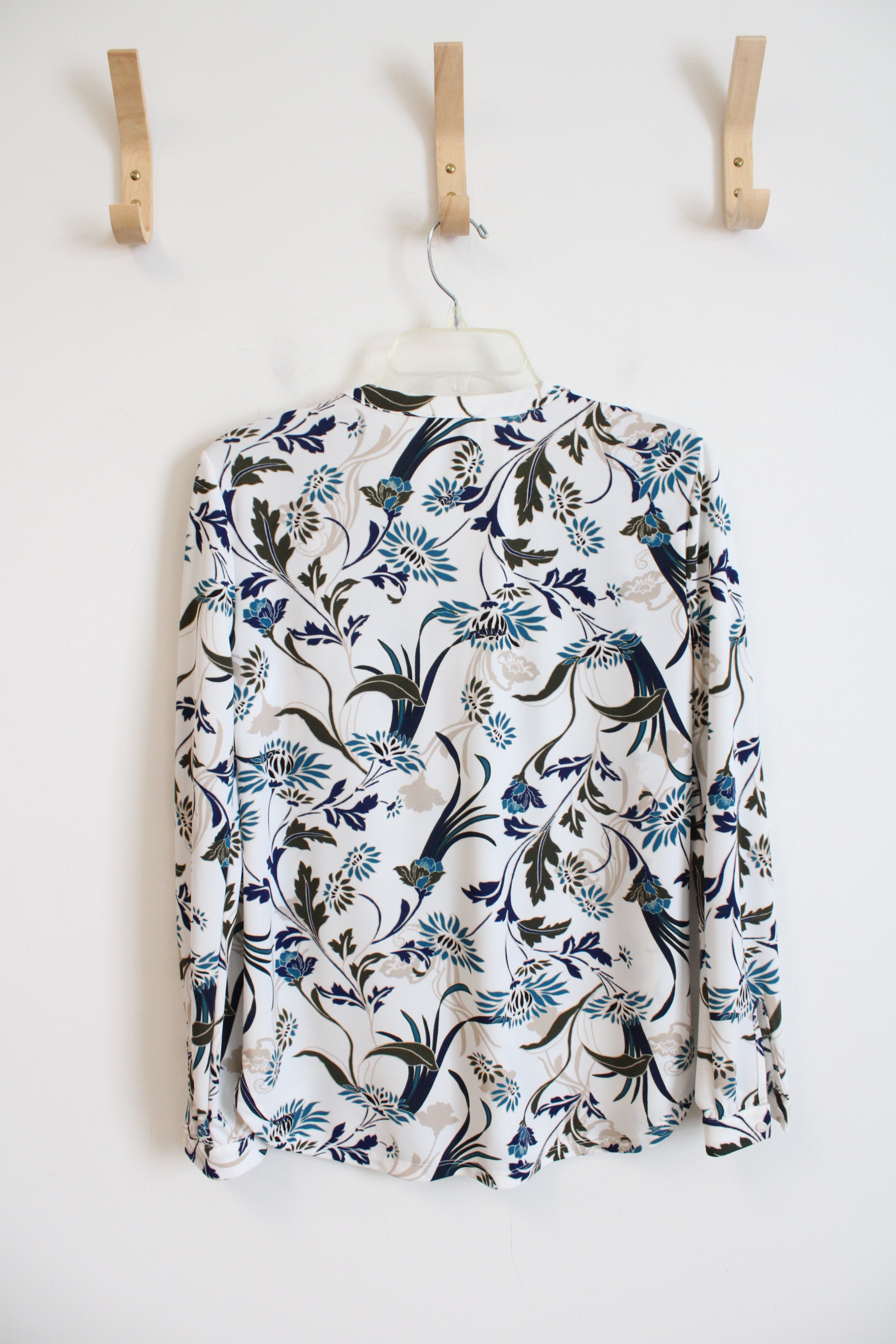 Ann Taylor Blue Green & Tan Floral White Long Sleeved Top | S