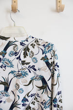 Ann Taylor Blue Green & Tan Floral White Long Sleeved Top | S