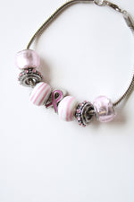 Breast Cancer Awareness Pink Beaded Silver Bracelet