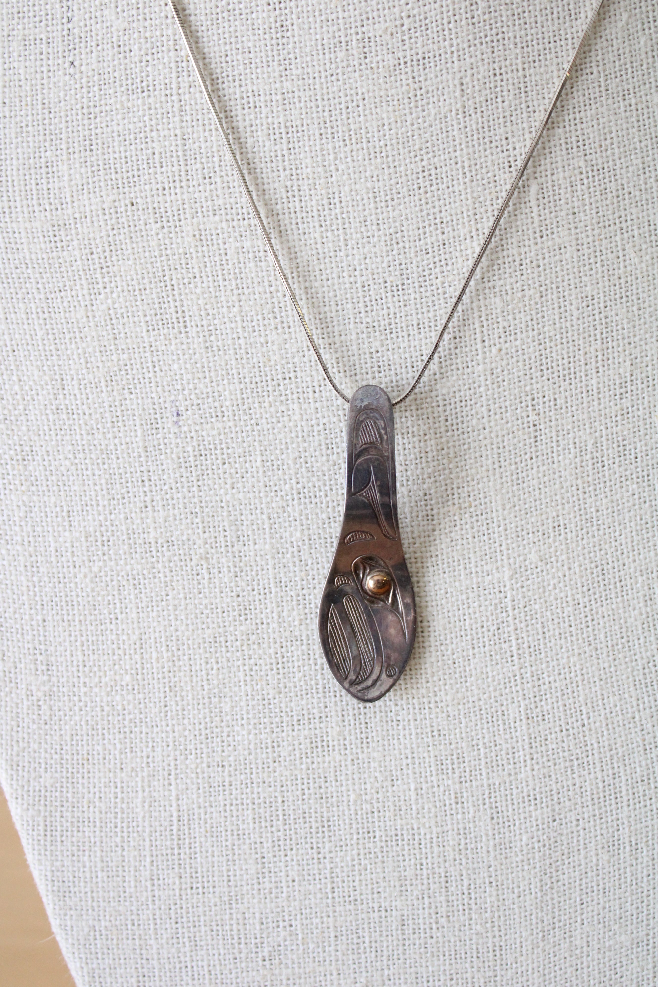 Silver Etched Spoon Native American Design Necklace