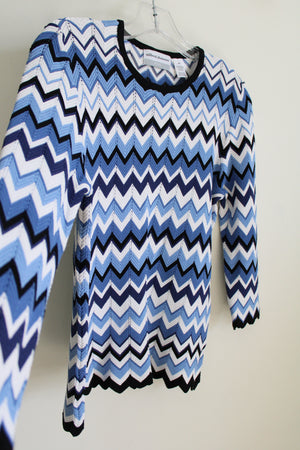 Alfred Dunner Blue Chevron Stretch Knit Sweater | M Petite