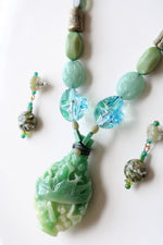 Teresa Goodall Carved Jade Green Pendant Beaded Necklace & Earring Set