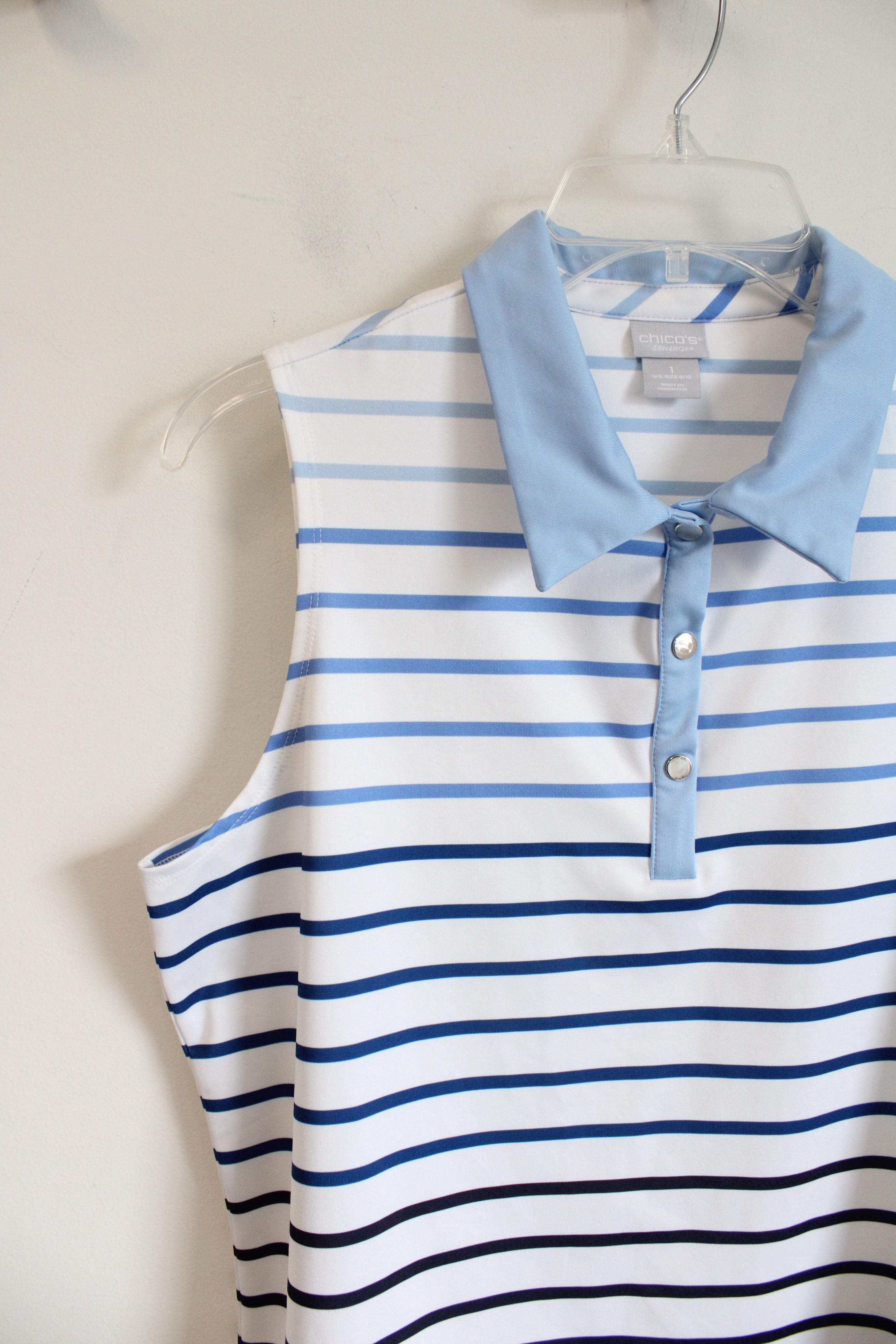 Chico's Blue Striped Sleeveless Zenergy Top | 1 (M)