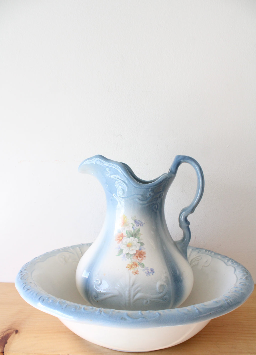 Ironstone Vintage Blue Floral Pitcher & Basin