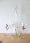 Vintage Mid Century Gold Floral Etched Glass Decanter & 3 Goblets Set