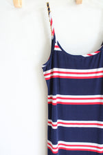 Roz & Ali Red White & Blue Striped Gold Chain Straps Maxi Dress | 10