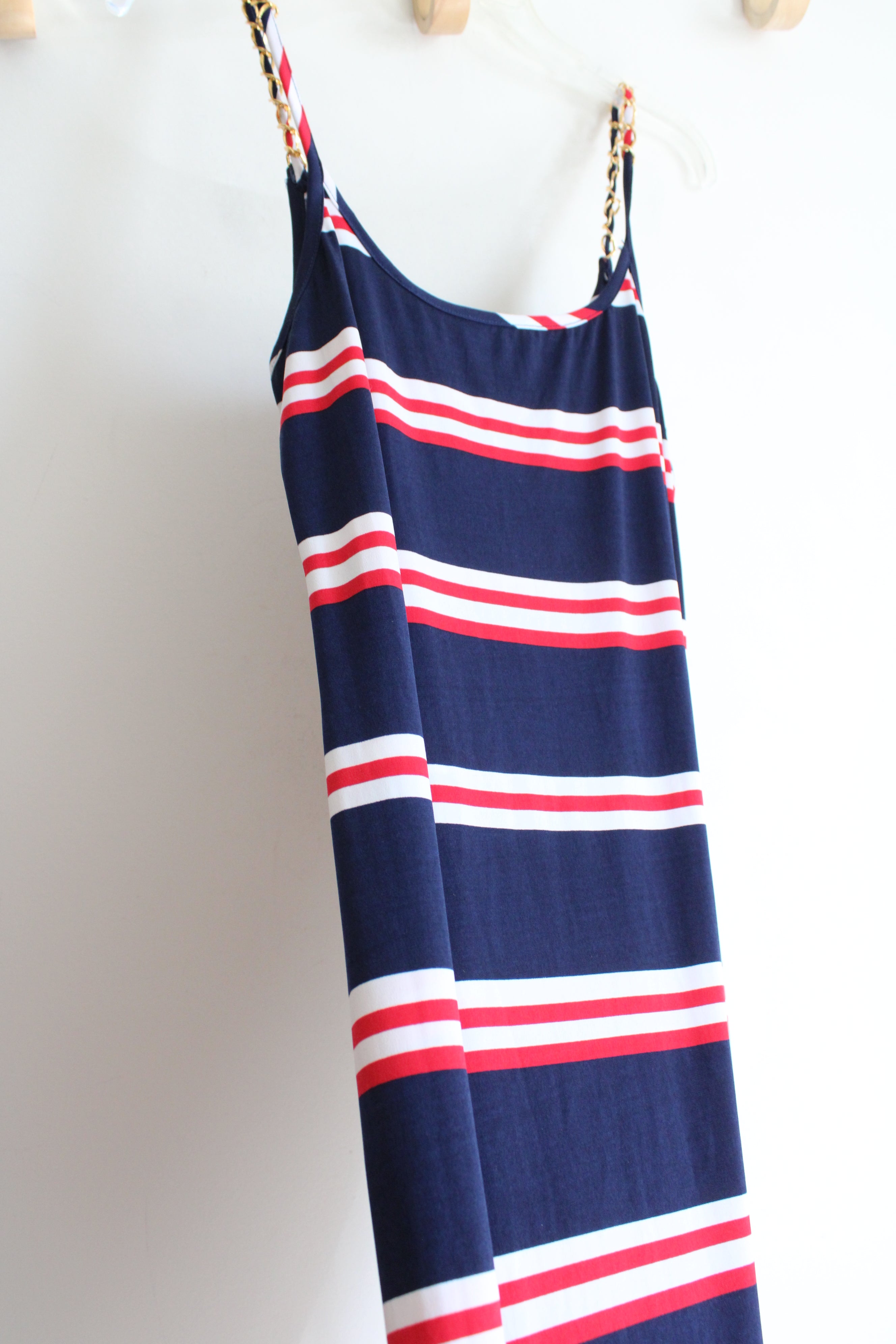 Roz & Ali Red White & Blue Striped Gold Chain Straps Maxi Dress | 10