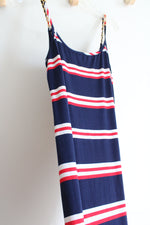 Roz & Ali Red White & Blue Striped Gold Chain Straps Maxi Dress | 10