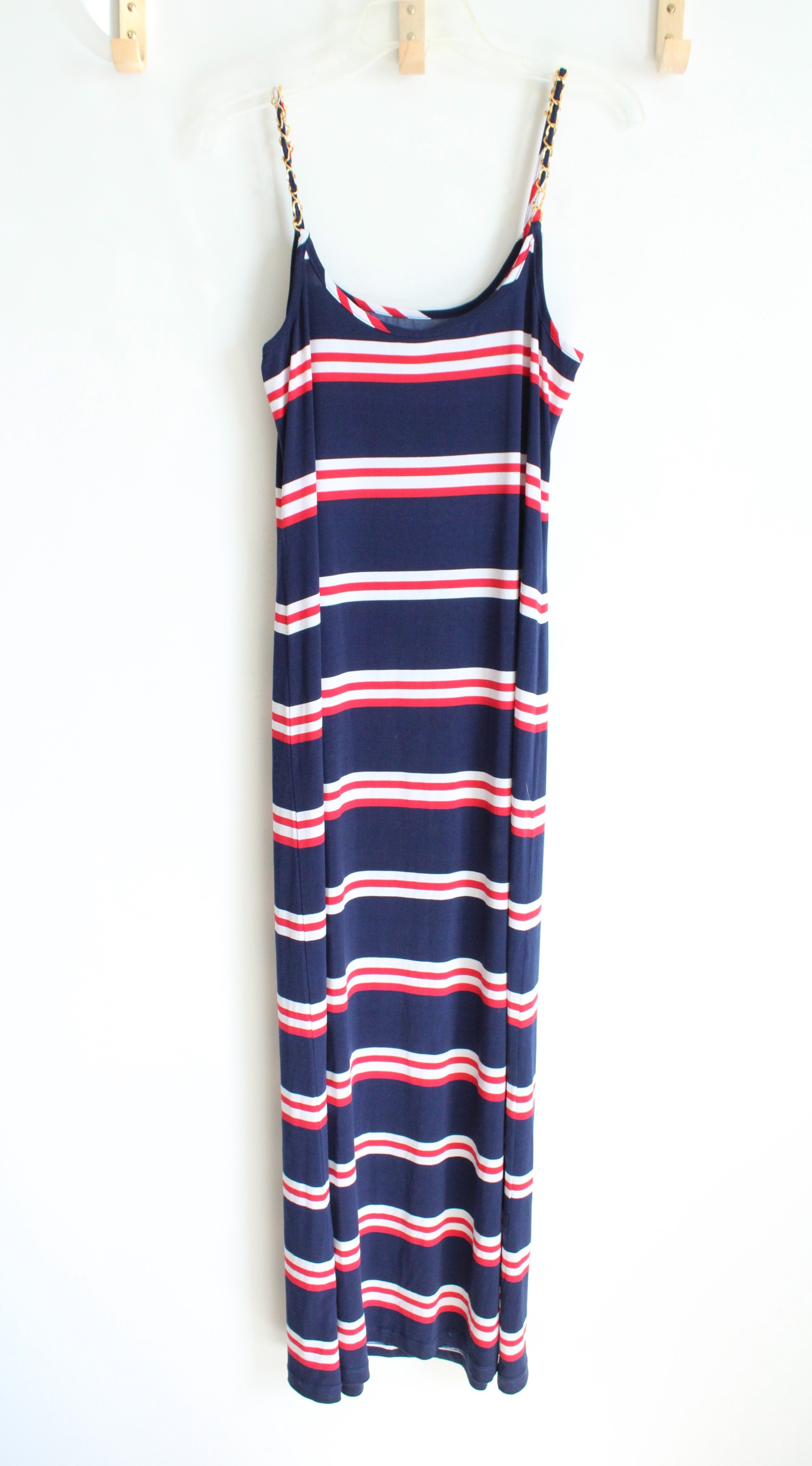 Roz & Ali Red White & Blue Striped Gold Chain Straps Maxi Dress | 10