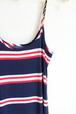 Roz & Ali Red White & Blue Striped Gold Chain Straps Maxi Dress | 10