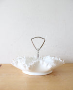 Fenton Hobnail Ruffled Edge Milk White Glass Handled Candy Dish