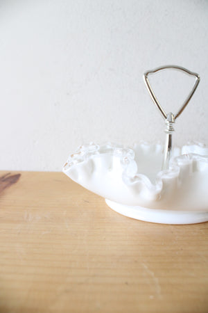 Fenton Hobnail Ruffled Edge Milk White Glass Handled Candy Dish