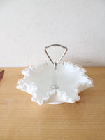 Fenton Hobnail Ruffled Edge Milk White Glass Handled Candy Dish