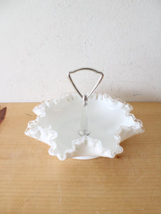 Fenton Hobnail Ruffled Edge Milk White Glass Handled Candy Dish
