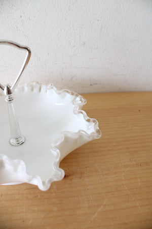 Fenton Hobnail Ruffled Edge Milk White Glass Handled Candy Dish
